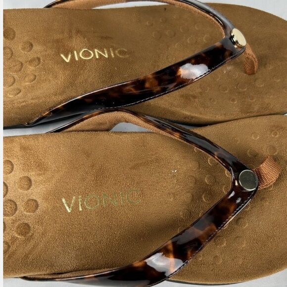 Unworn Vionic Mona Brown Tortoise Shell Print Leather Thongs Flip Flops Sz 10 - Picture 4 of 6